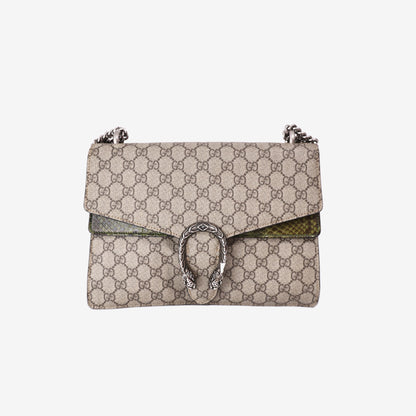 Gucci Dionysus Medium Shoulder Bag in Beige Ebony GG Supreme Canvas with Snakeskin Print and Silver Hardware