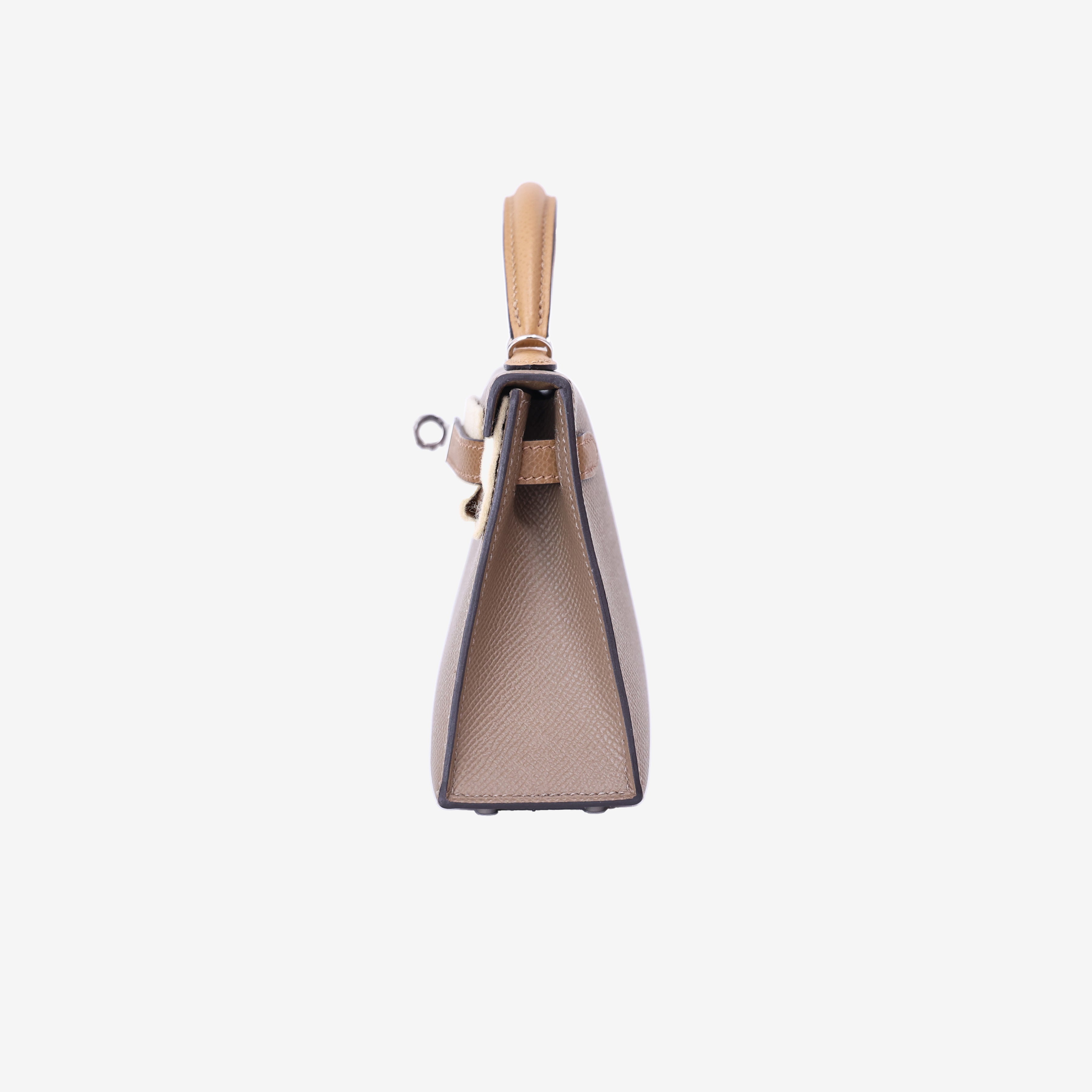 Hermès Mini Kelly 20 Etoupe/Alezan/Biscuit Epsom Leather with Palladium Hardware side view