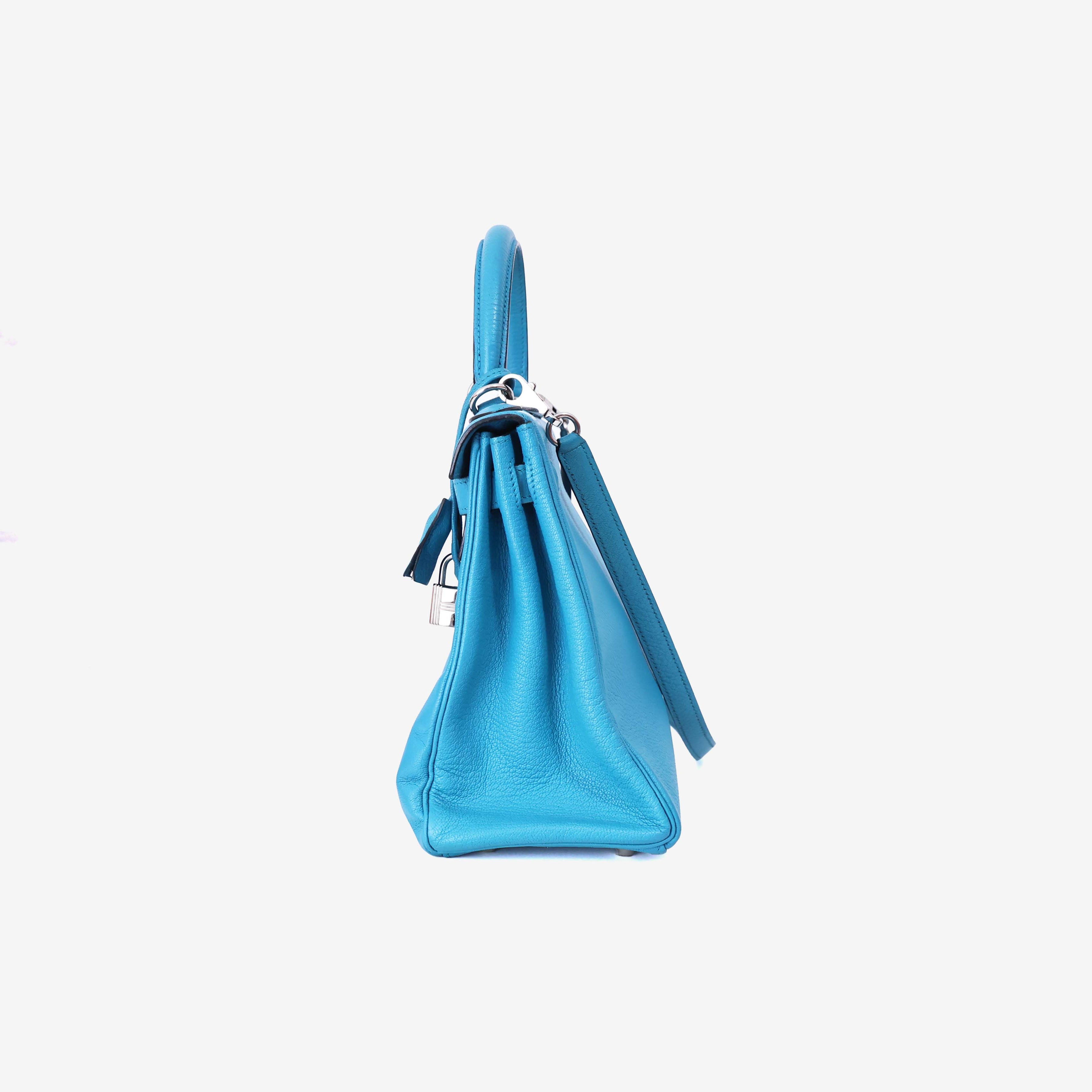 Hermès Kelly 28 in Celeste Evercolor Leather with Palladium Hardware side view
