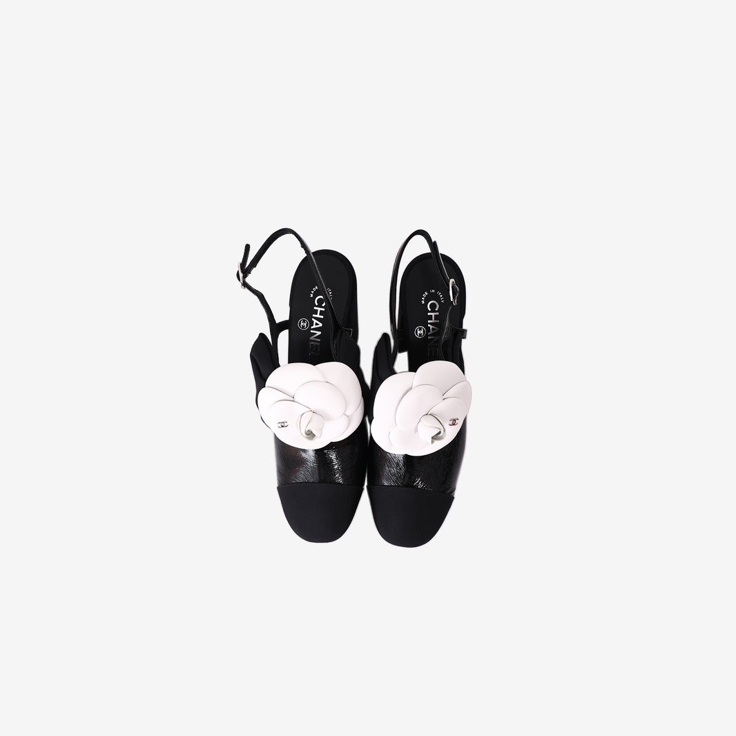 Chanel Camellia Bow Slingback Pumps in Black Crumpled Shiny Fabric (Size 38.5)