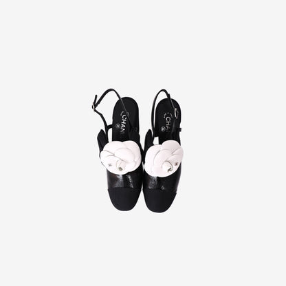 Chanel Camellia Bow Slingback Pumps in Black Crumpled Shiny Fabric (Size 38.5)