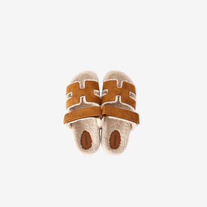 Hermès Chypre Shearling Sandals in Naturel and Écru Suede Goatskin (Size 42)