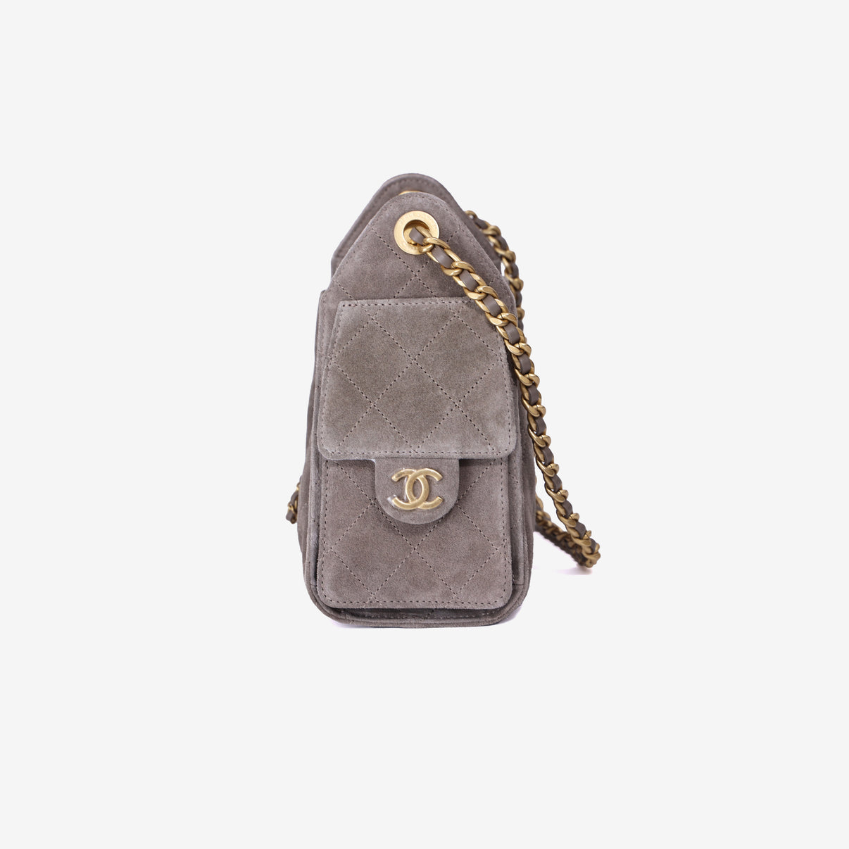 Chanel 25 Small Handbag in Dark Grey Suede with Gold Hardware side view