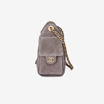 Chanel 25 Small Handbag in Dark Grey Suede with Gold Hardware side view