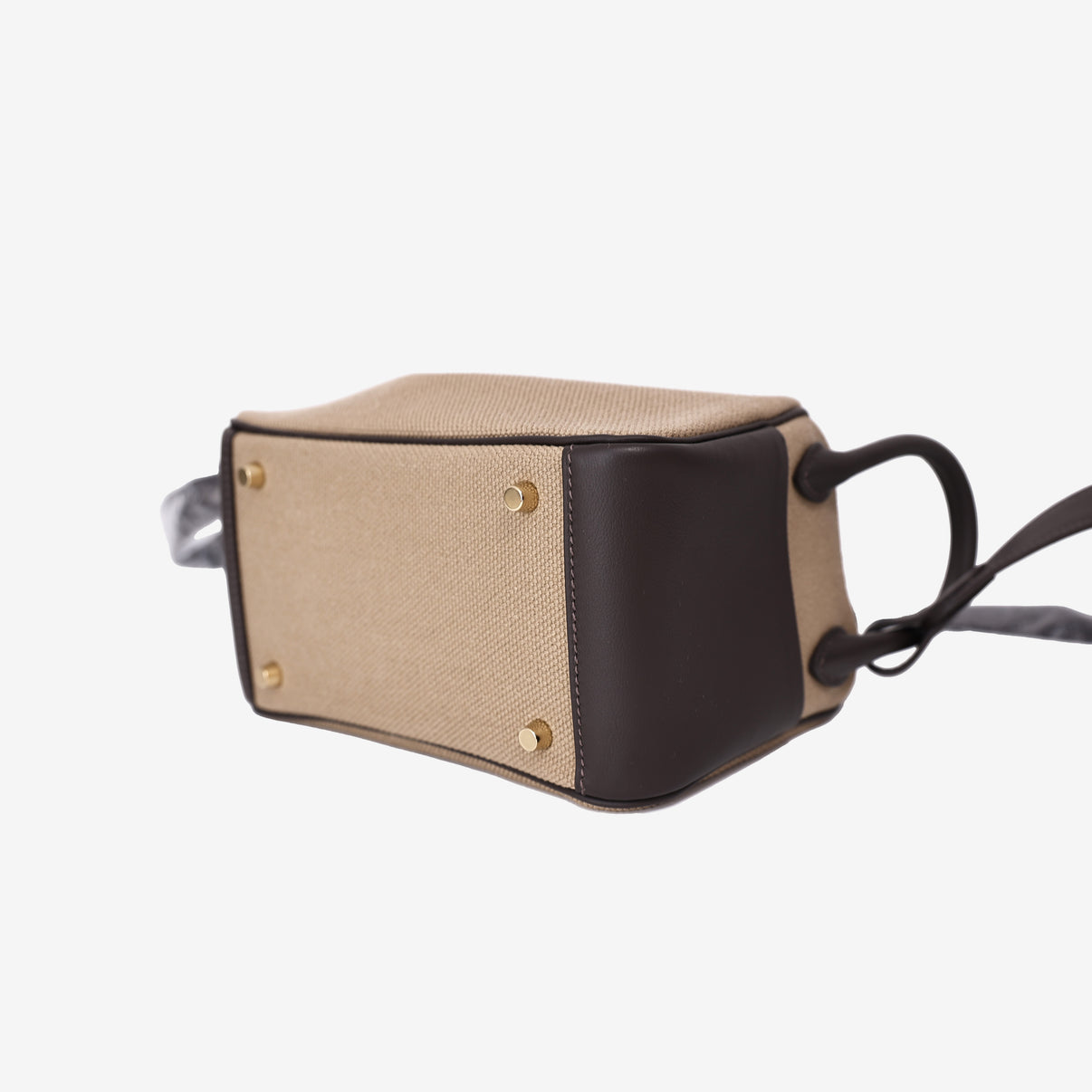 Hermès Mini Lindy Cargo in Ecru Toile Canvas and Ébène Swift Leather with Gold Hardware bottom side view