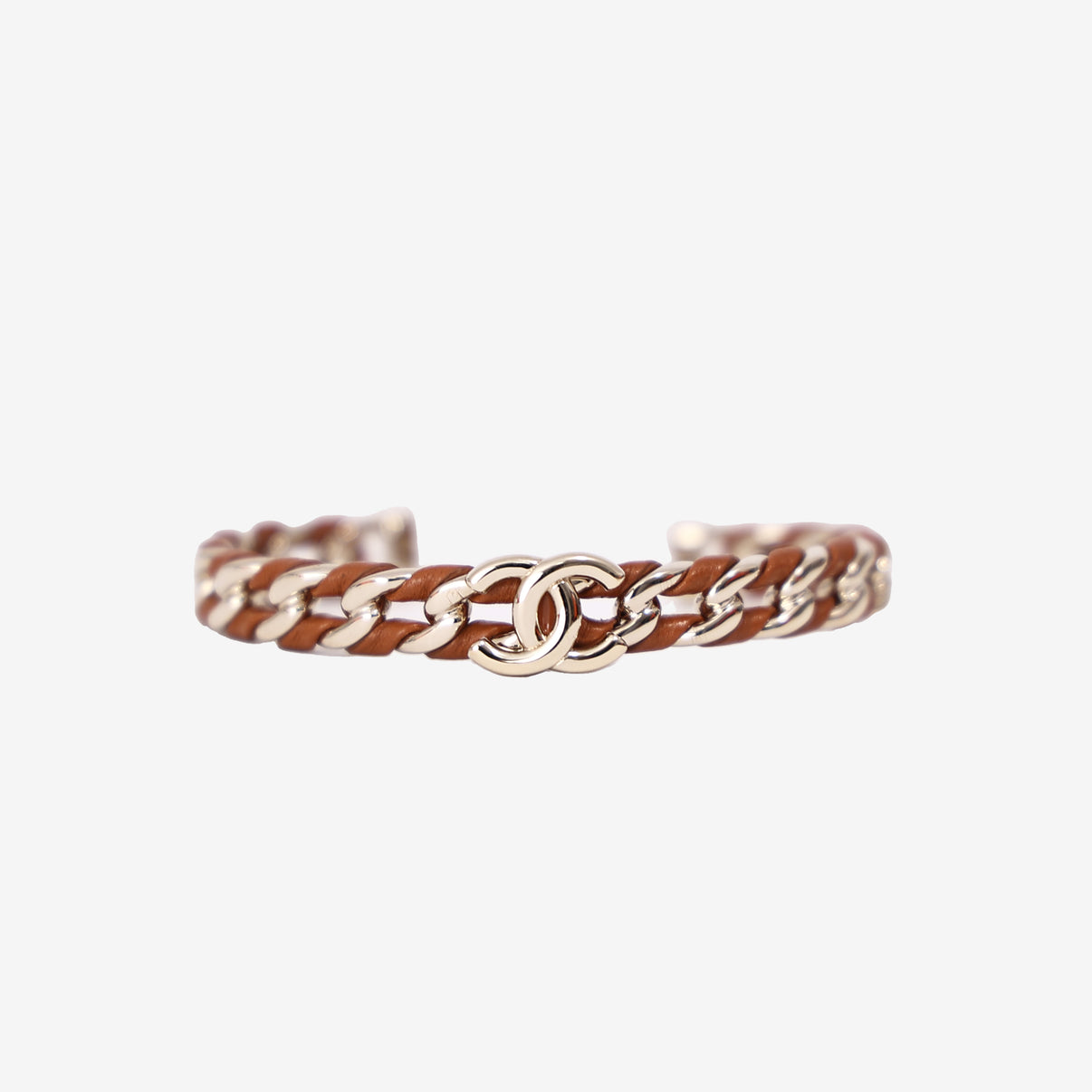 Chanel Cuff Bracelet in Gold Metal and Brown Lambskin Leather with Resin front view