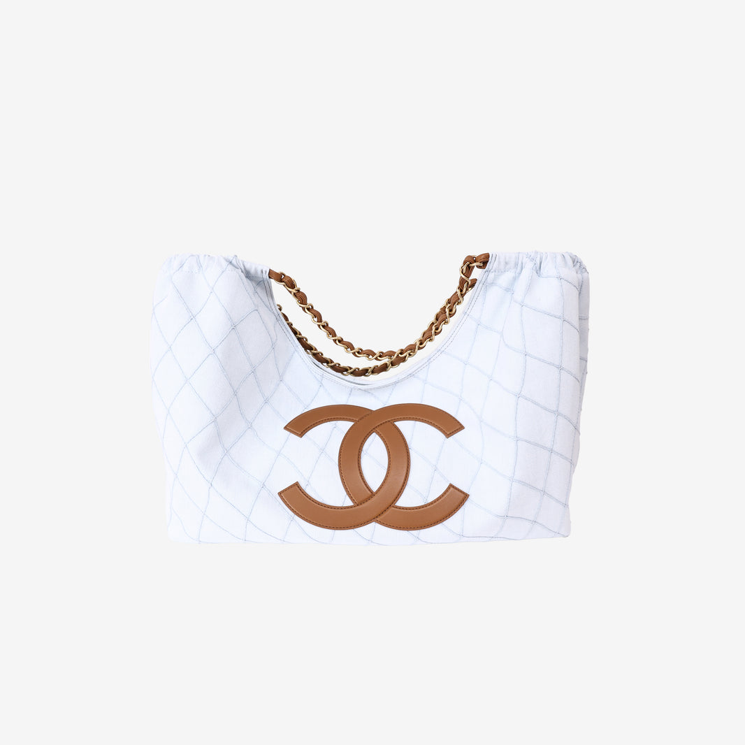 Chanel Coco Beach 2026 Denim Quilted Tote Bag with Brown Leather CC (Contact to Enquire)