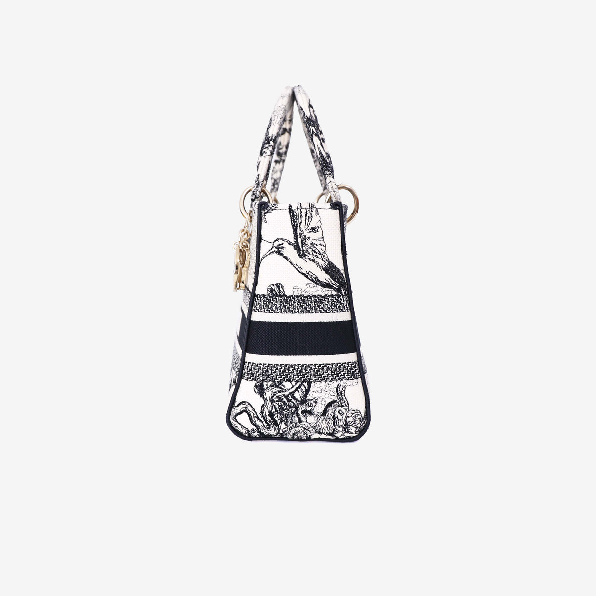 Dior Medium Lady D-Lite Zodiac Embroidered Bag in White/Black Canvas with Gold Hardware side view