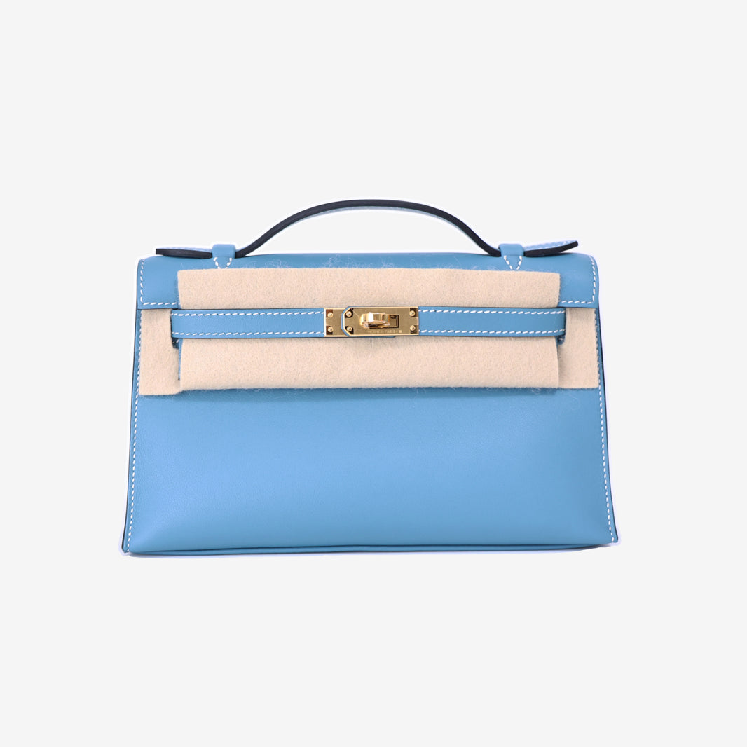 Hermès Kelly Pochette in Bleu Jean Swift Leather with Gold Hardware front view
