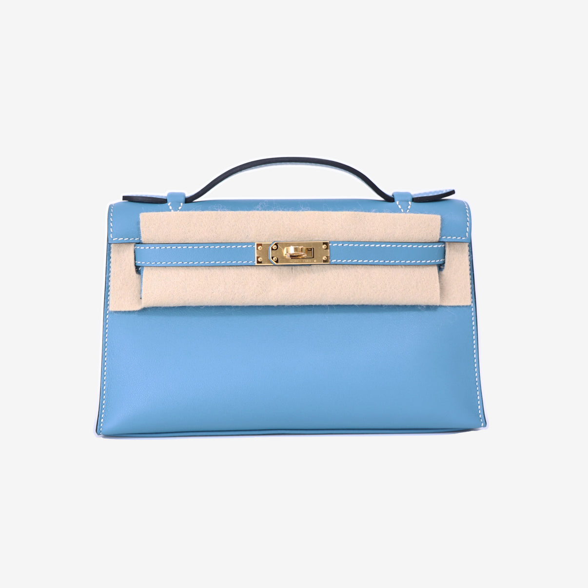 Hermès Kelly Pochette in Bleu Jean Swift Leather with Gold Hardware front view