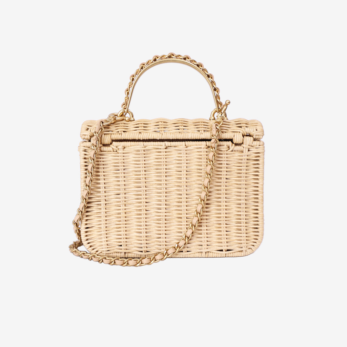 Chanel Mini Flap Bag with Top Handle in Beige Braided Rattan with Gold Hardware back view
