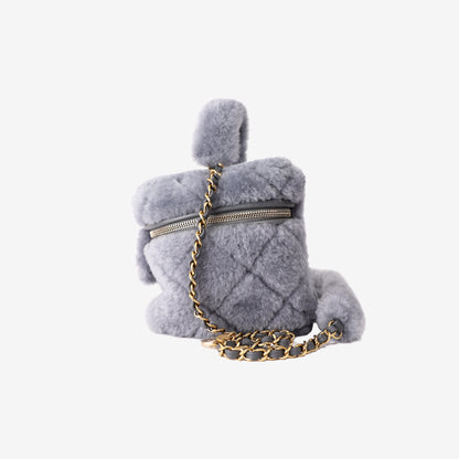 Chanel Mini Coco Handle Shearling Flap Bag in Grey Shearling/Lambskin Leather with Gold Hardware