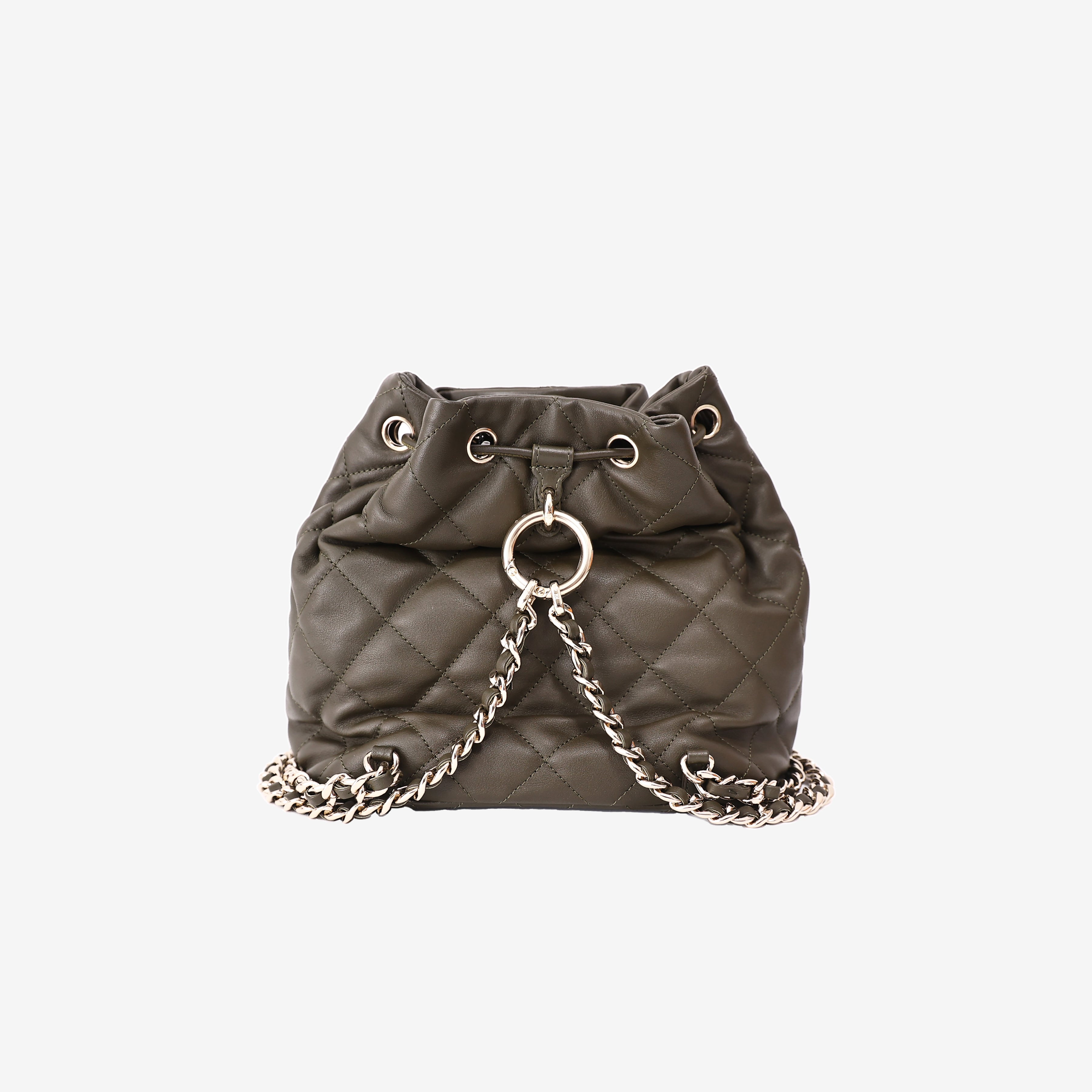 Chanel Duma Drawstring Backpack in Khaki Lambskin Leather back view
