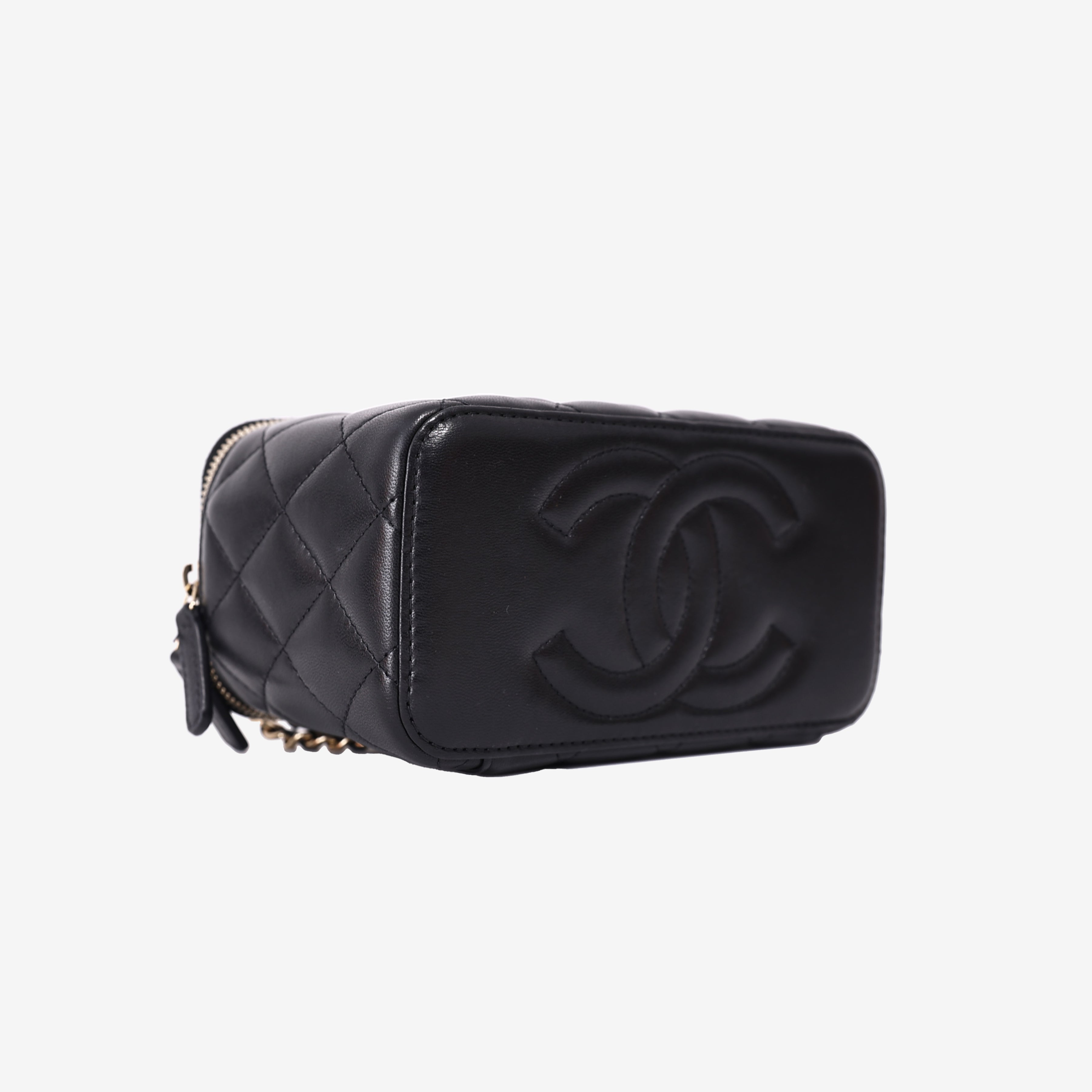 Chanel Small Vanity Case with Top Handle in Black Lambskin Leather with Gold Hardware bottom side view
