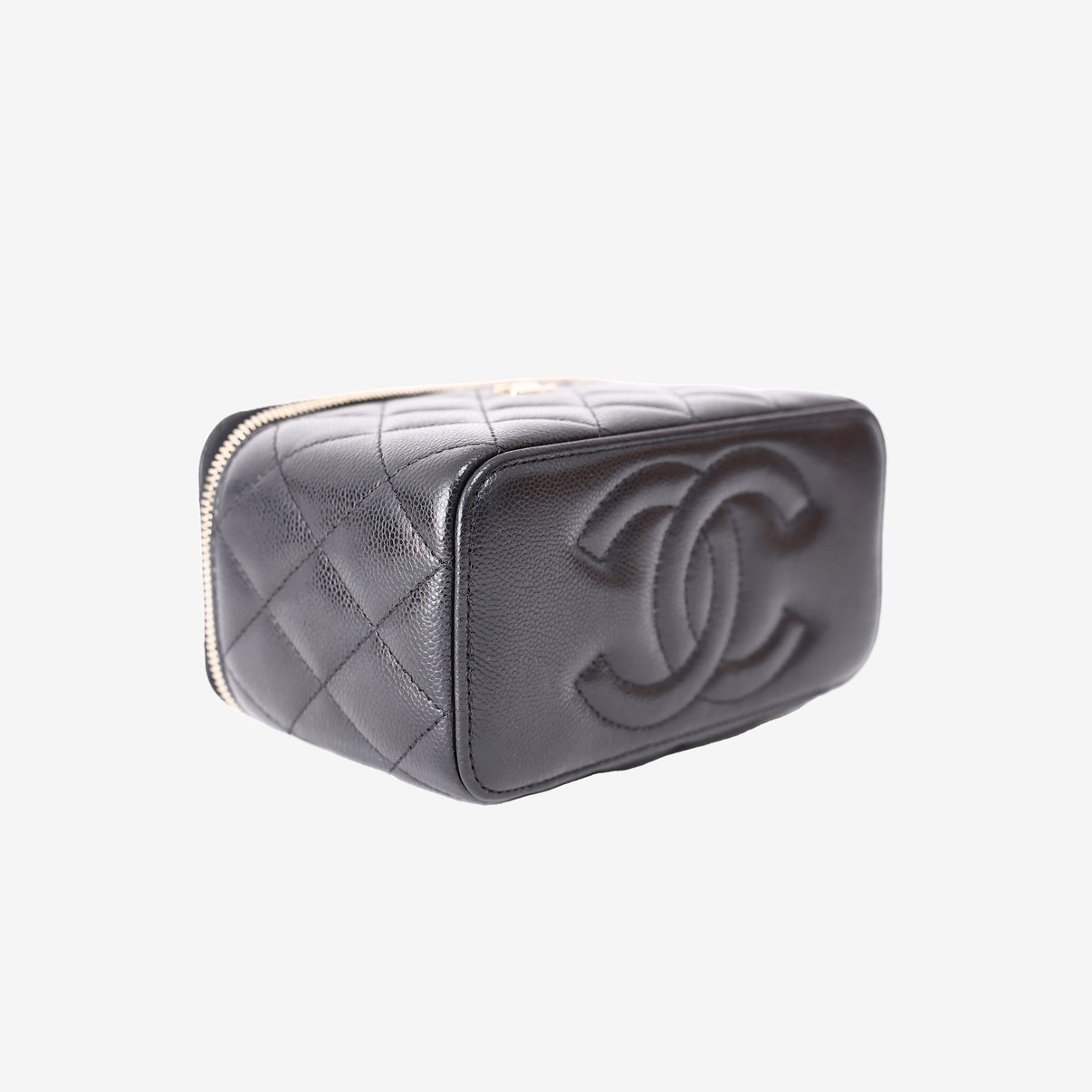 Chanel Small Vanity Case with Chain in Black Caviar Leather with Gold Hardware bottom side view