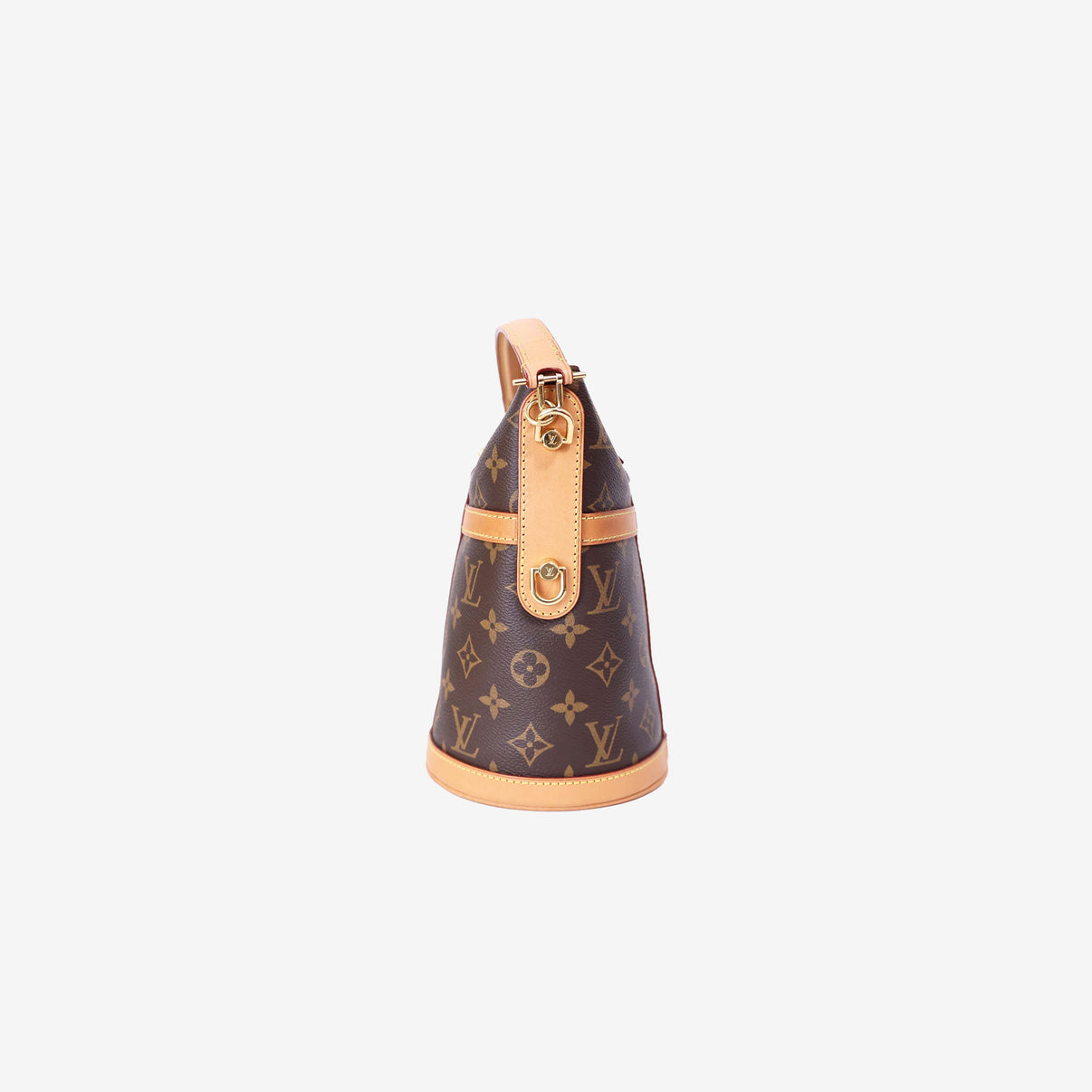 Louis Vuitton Duffle Handbag in Brown Monogram Canvas with Gold Hardware side view