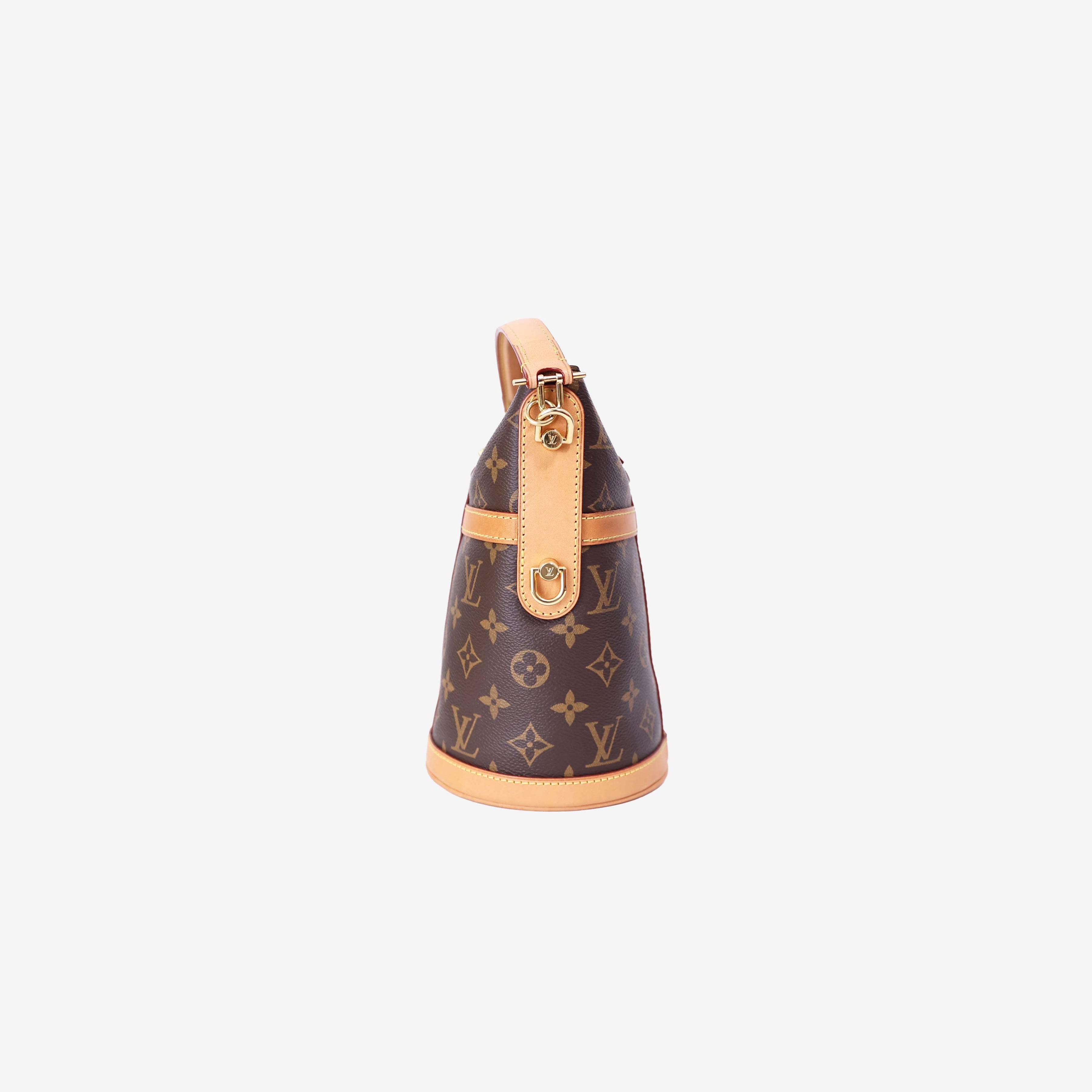 Louis Vuitton Duffle Handbag in Brown Monogram Canvas with Gold Hardware side view