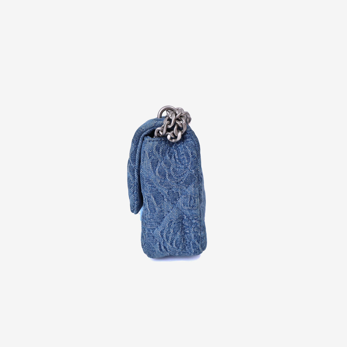 Chanel Heart Crush Mini Flap Bag in Blue Denim Leather with Silver Hardware side view