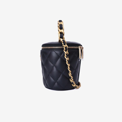 Chanel Bucket Bag in Black Calfskin Leather with Gold Hardware side view
