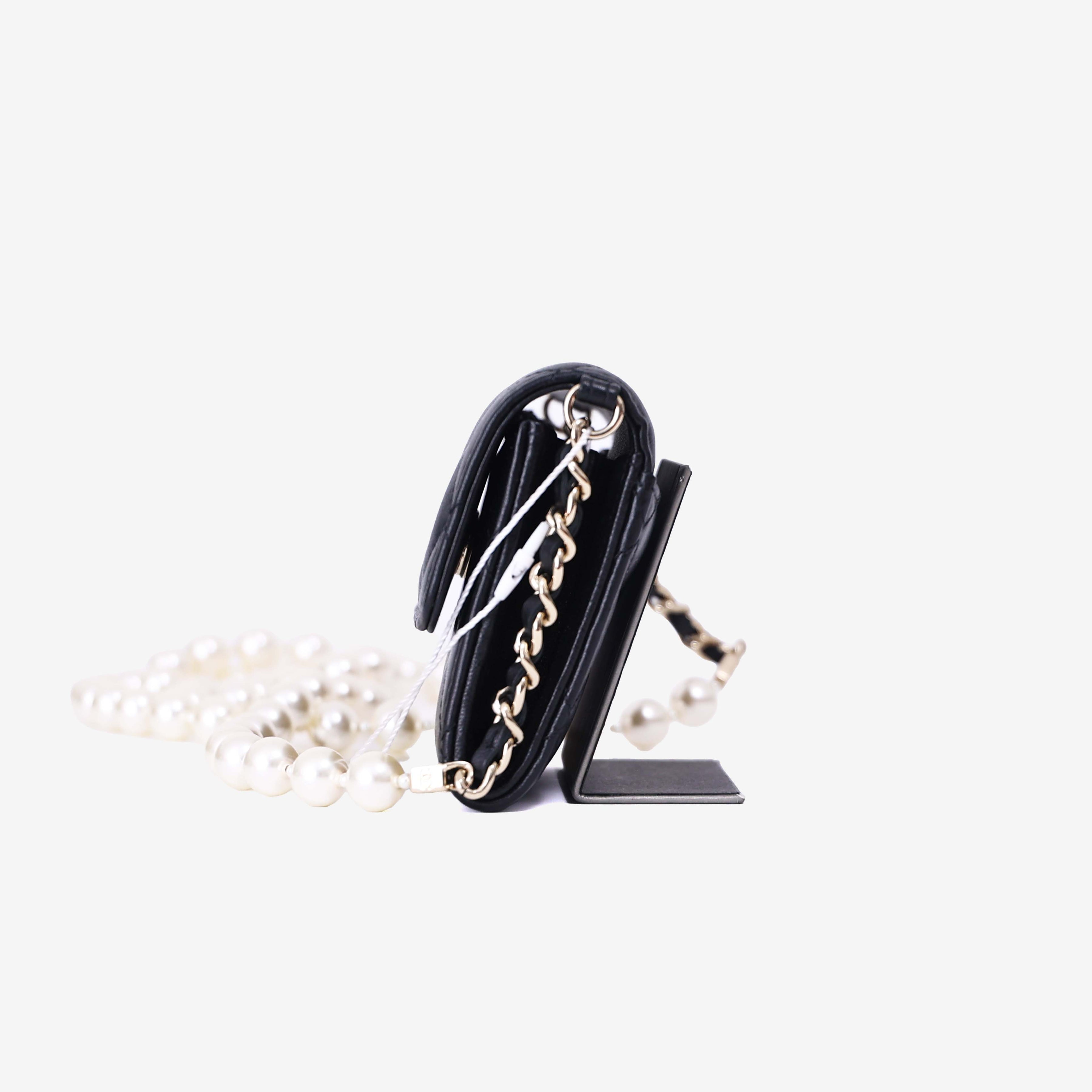 Chanel Wallet on Pearl Chain Card Holder in Black Lambskin Leather with Gold Hardware side view
