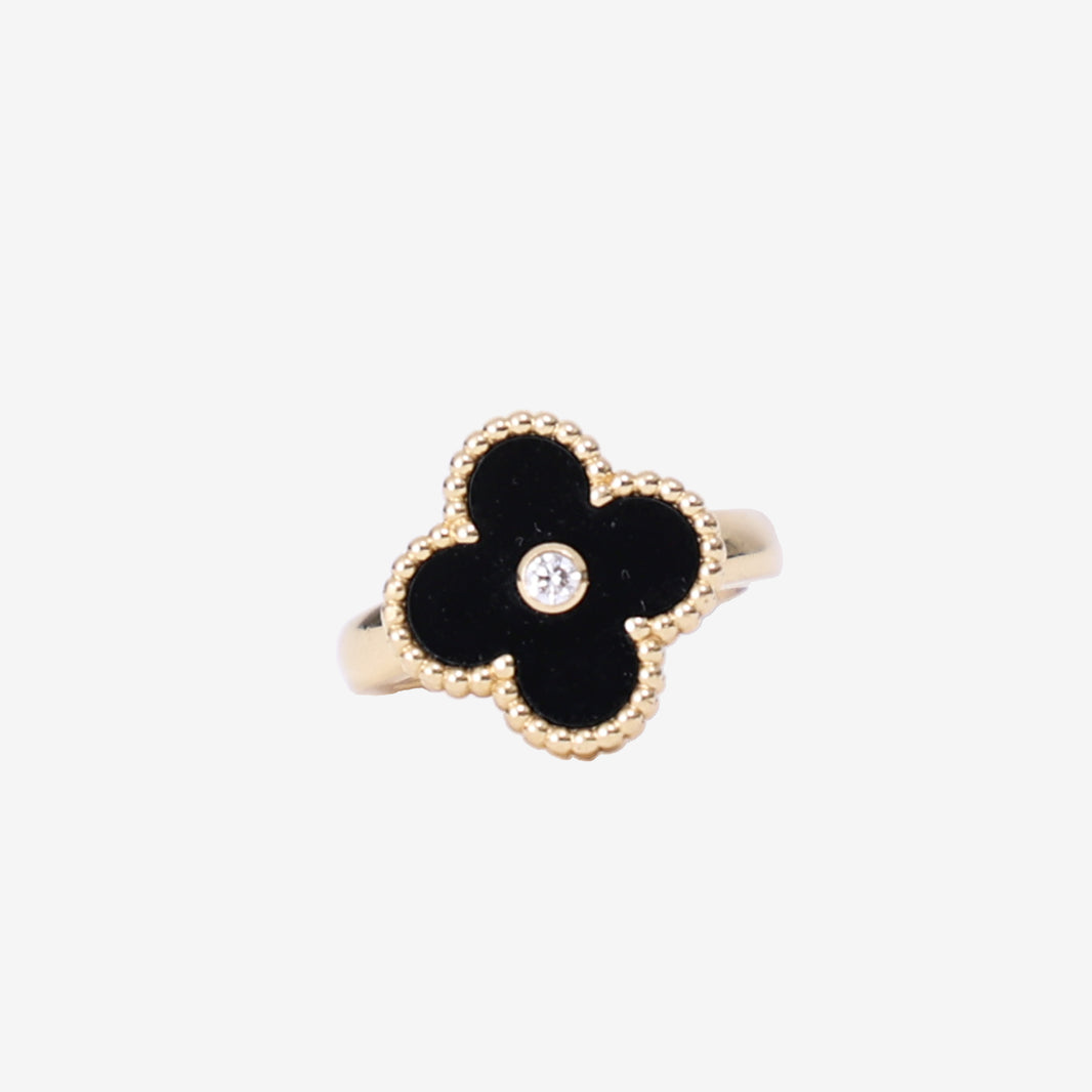Van Cleef & Arpels Vintage Alhambra Ring in Black Onyx Yellow Gold with Diamond front view