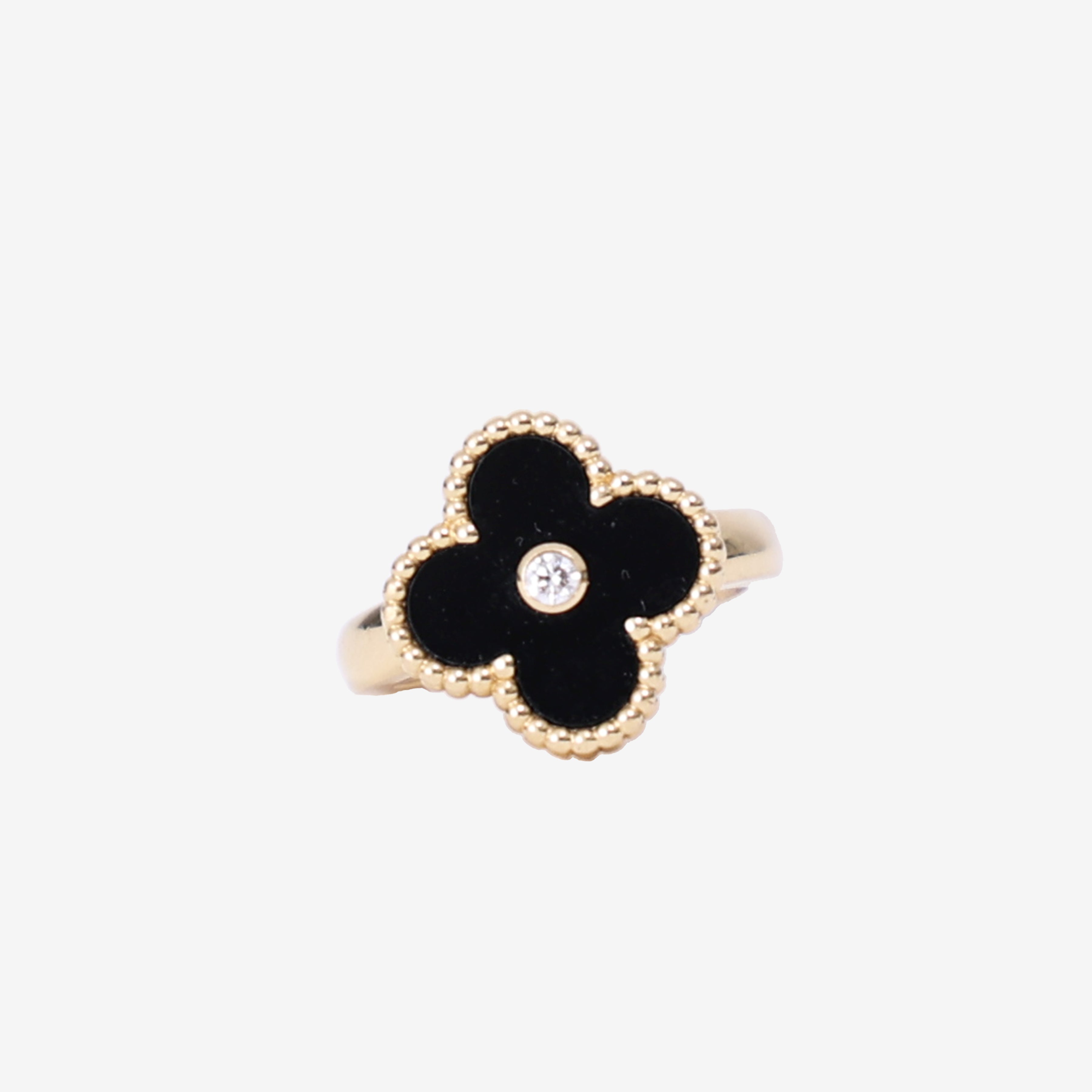 Van Cleef & Arpels Vintage Alhambra Ring in Black Onyx Yellow Gold with Diamond front view
