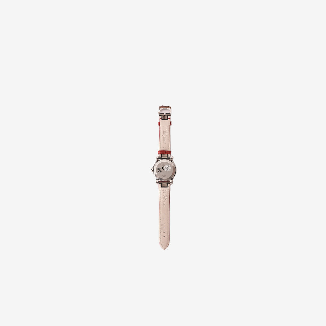 Chopard Happy Sport 36mm Watch in Stainless Steel with Red Alligator Leather Strap and Floating Diamonds