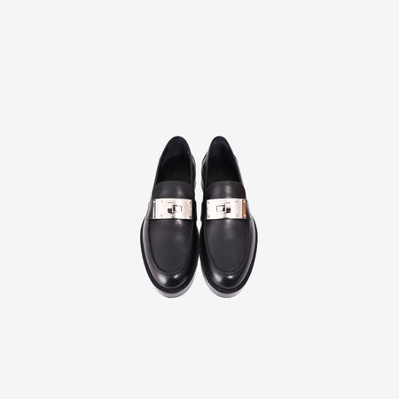 Hermès Hot Loafers in Noir Calfskin Leather with Palladium Kelly Buckle (Size 38.5)