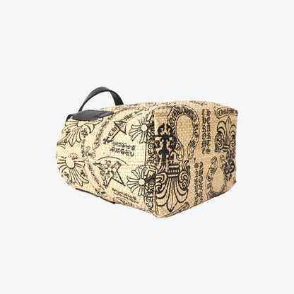 Chrome Hearts Monogram-Print Beach Bag in Beige Woven Straw with Black Leather Handles