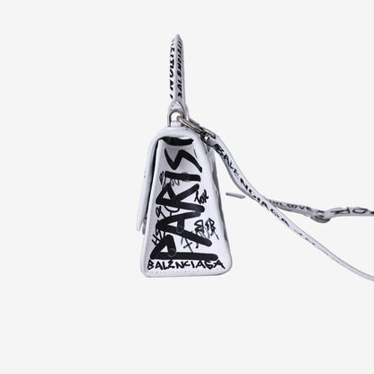 Balenciaga Hourglass XS Top Handle Bag in White Graffiti Print Leather with Silver Hardware