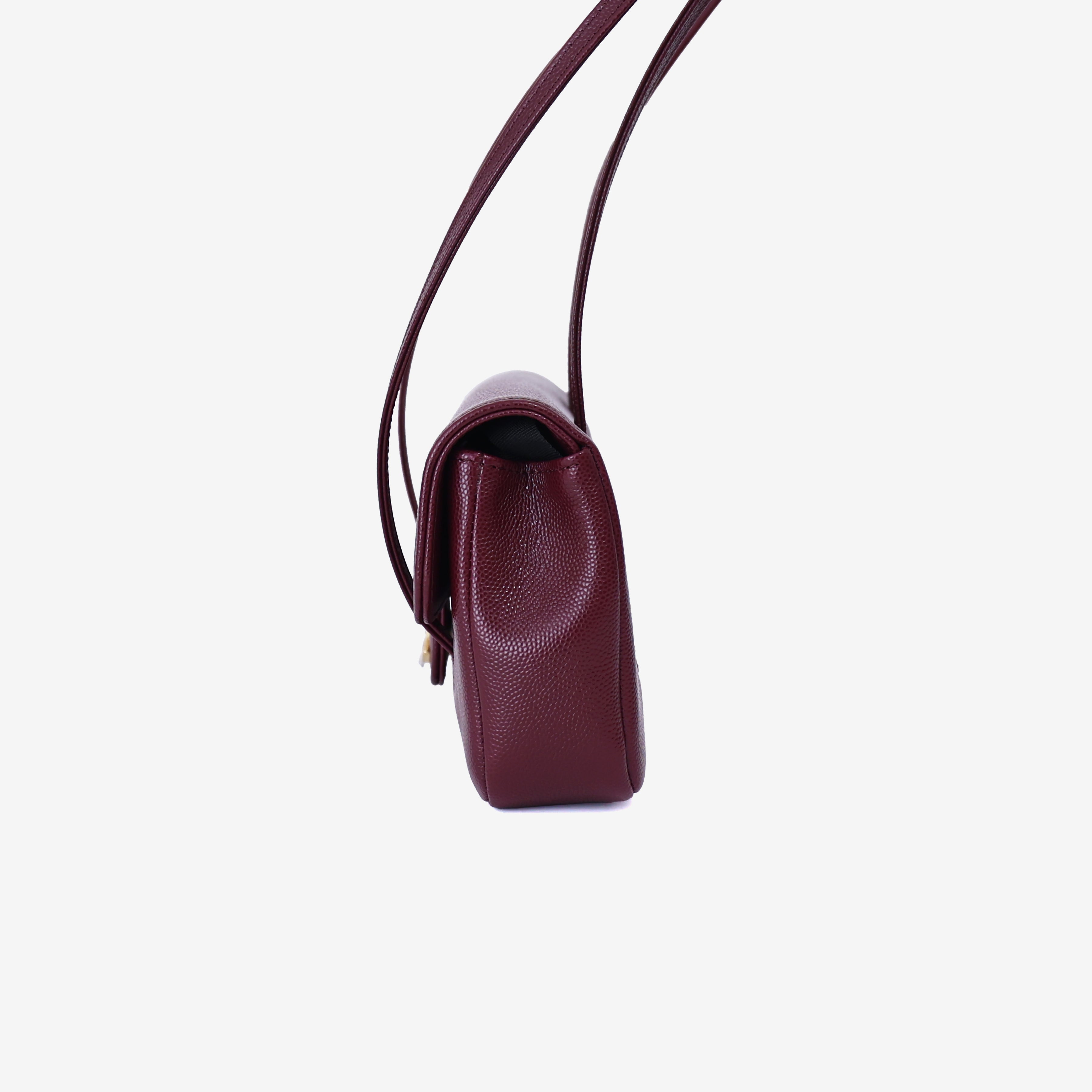 Chanel 26P Preppy Flap Mini in Dark Burgundy Calfskin Leather with Gold Hardware side view