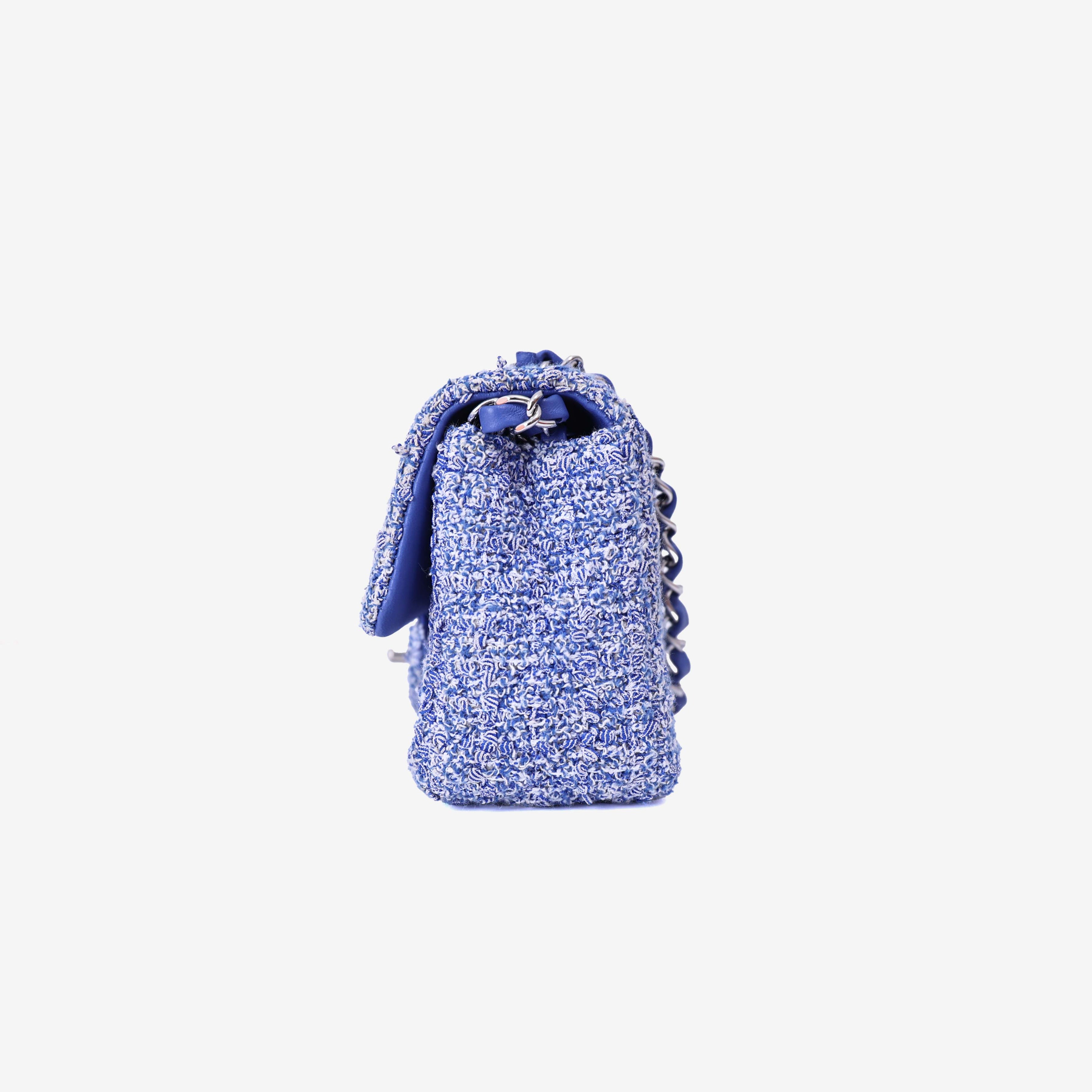 Chanel Mini Rectangular Flap Bag in Blue/White Tweed Leather with Silver Hardware side view