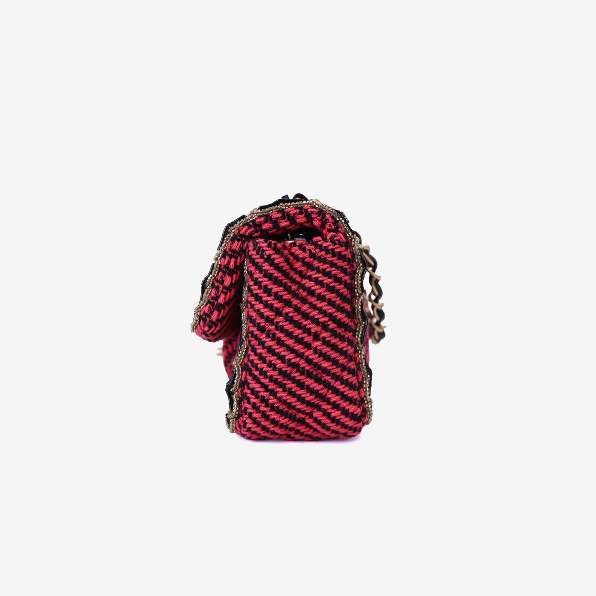 Chanel Classic Single Flap Mini Bag in Multicolour Braided Quilted Wool and Beaded Trim with Gold Hardware side view