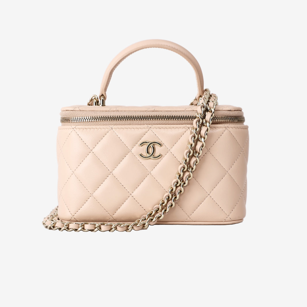 Chanel Small Top Handle Vanity Case with Chain in Pink Lambskin Leather with Gold Hardware