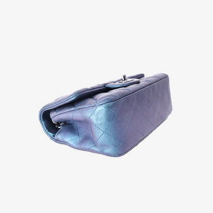 Chanel Mini Rectangular Classic Flap Bag in Iridescent Turquoise Blue Quilted Lambskin Leather with Silver Hardware