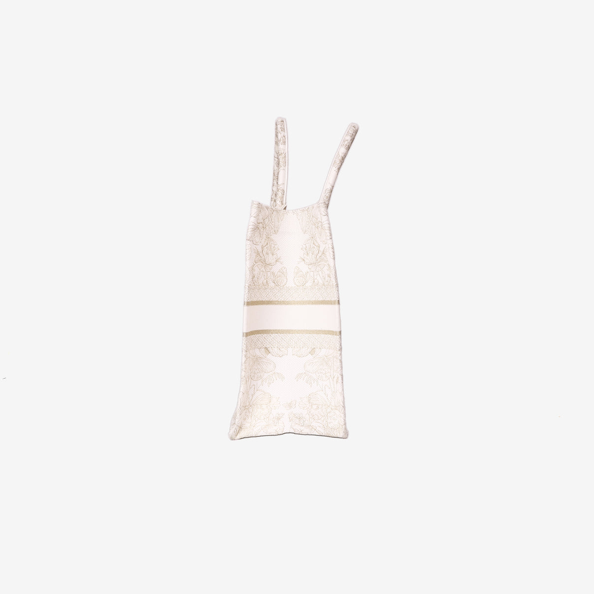 Dior Book Tote Medium in Latte Toile de Jouy Embroidered Cotton with Gold Detailing side view