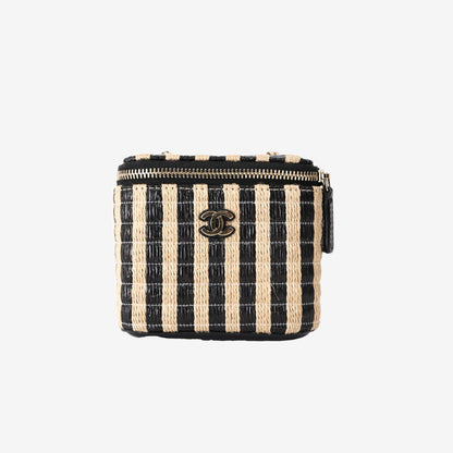 Chanel Mini Vanity Case With Chain in Beige/Black Striped Raffia with Gold-Tone Hardware