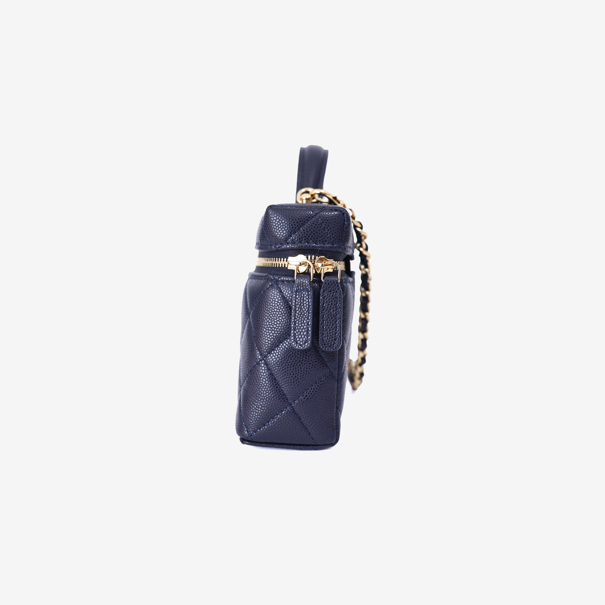 Chanel Long Vanity Case with Chain in Blue Caviar Leather with Gold Hardware side view