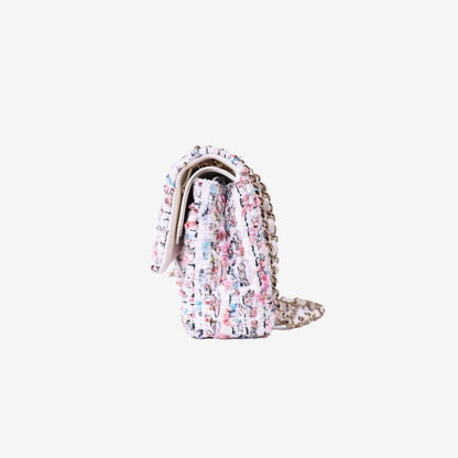 Chanel Classic Flap Bag in White/Pink Tweed Leather with Gold Hardware side view
