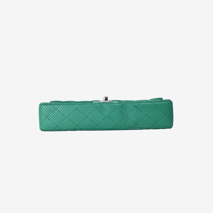 Chanel East/West Classic Flap Bag in Green Perforated Quilted Lambskin Leather with Silver Hardware