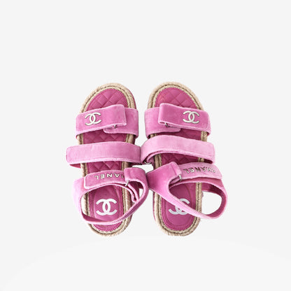 Chanel Pink Velvet Dad Sandals with Jute/Raffia Midsole (EU 36)