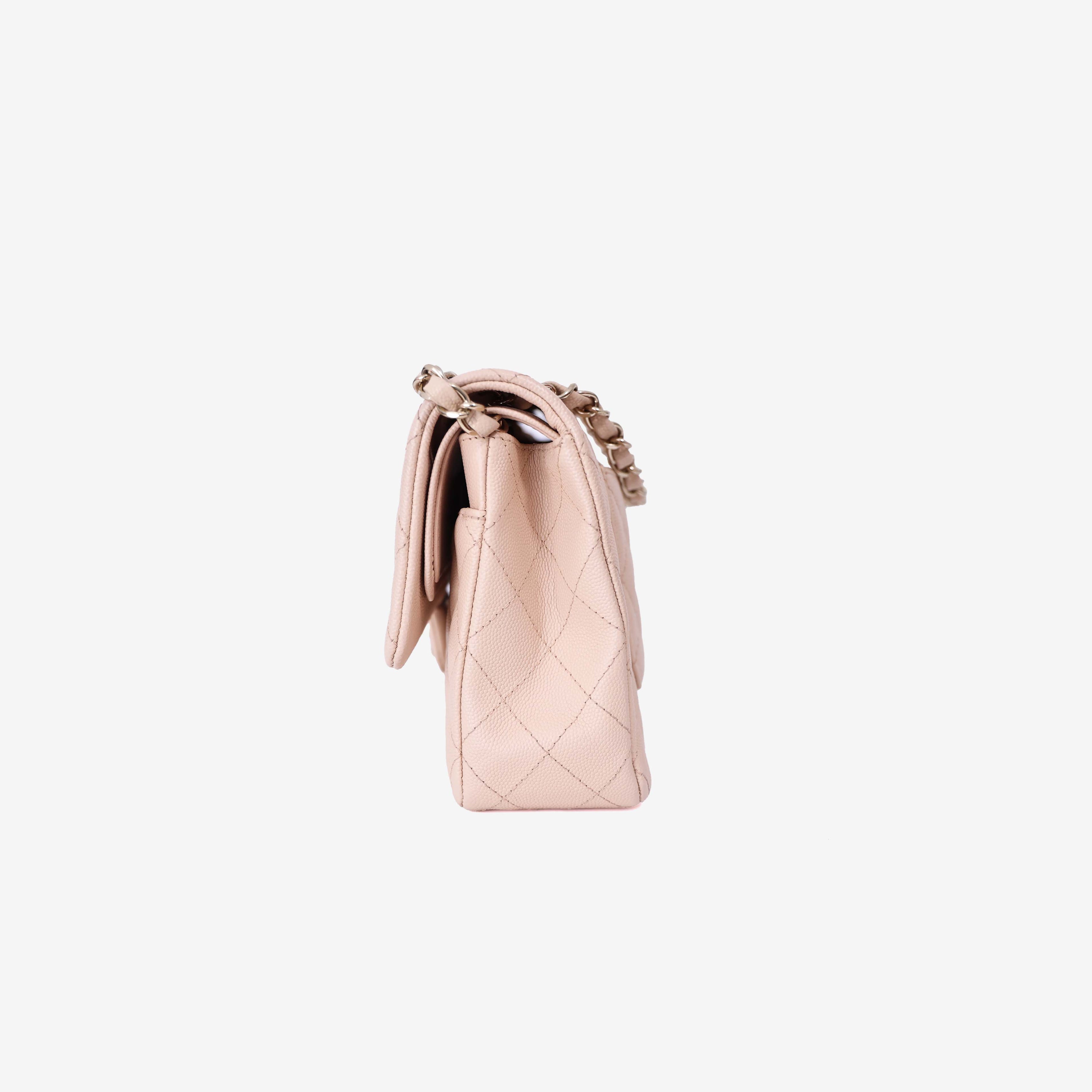 Chanel Classic Double Flap Medium Bag in Beige Clair Caviar Leather with Gold Hardware side view