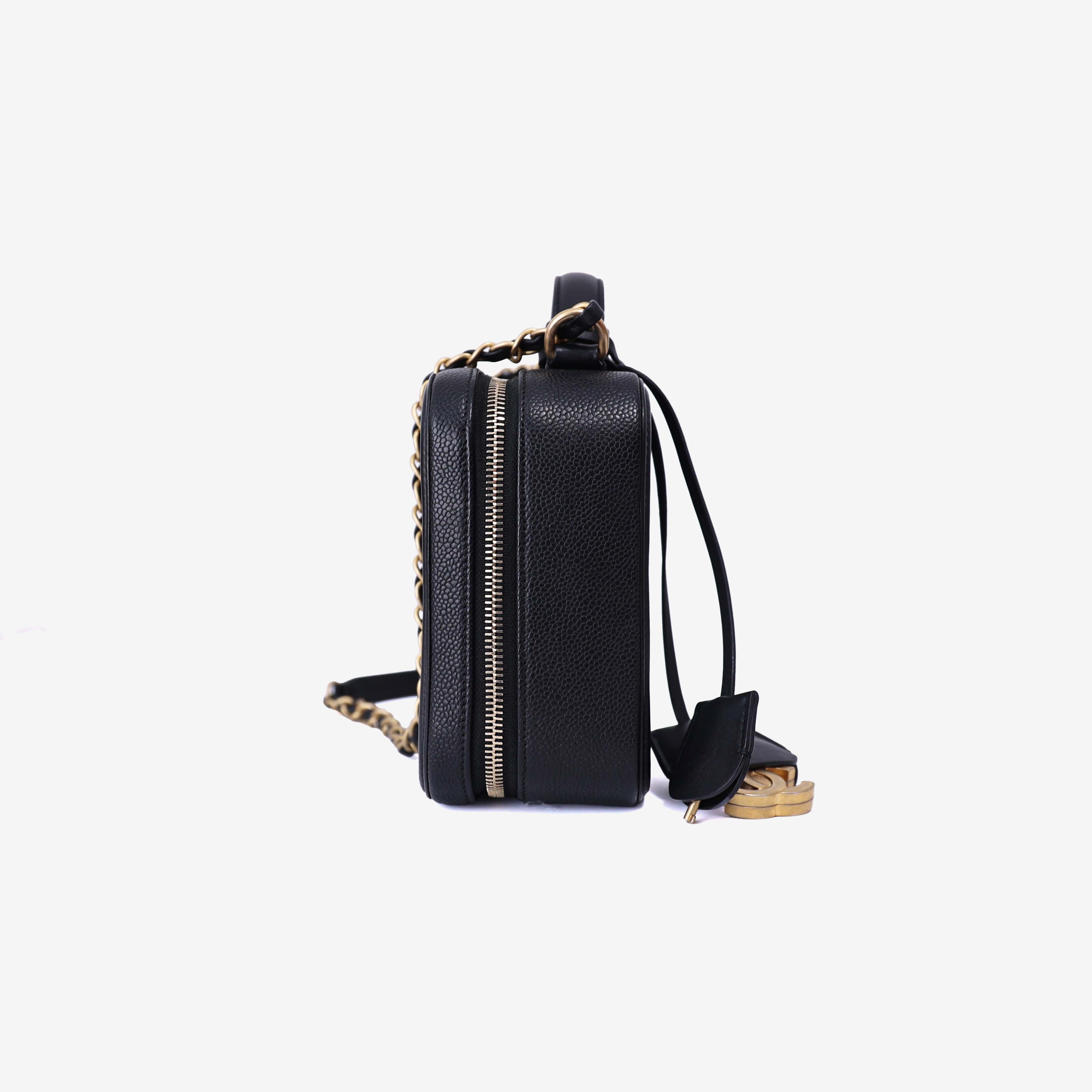 Chanel Filigree Mini Vanity Case in Noir Calfskin Leather with Gold Hardware side view