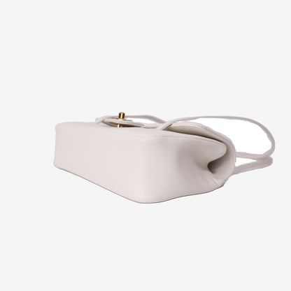 Chanel 26P Preppy Flap Bag Small in White Calfskin Leather with Gold Hardware bottom side view