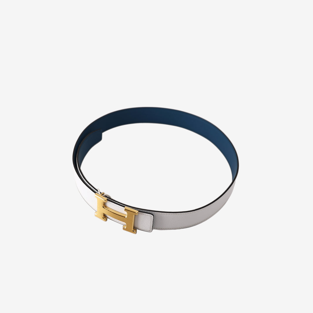 Hermès Reversible H Belt in White/Blue Epsom Leather with Gold-Plated Hardware (100 cm)