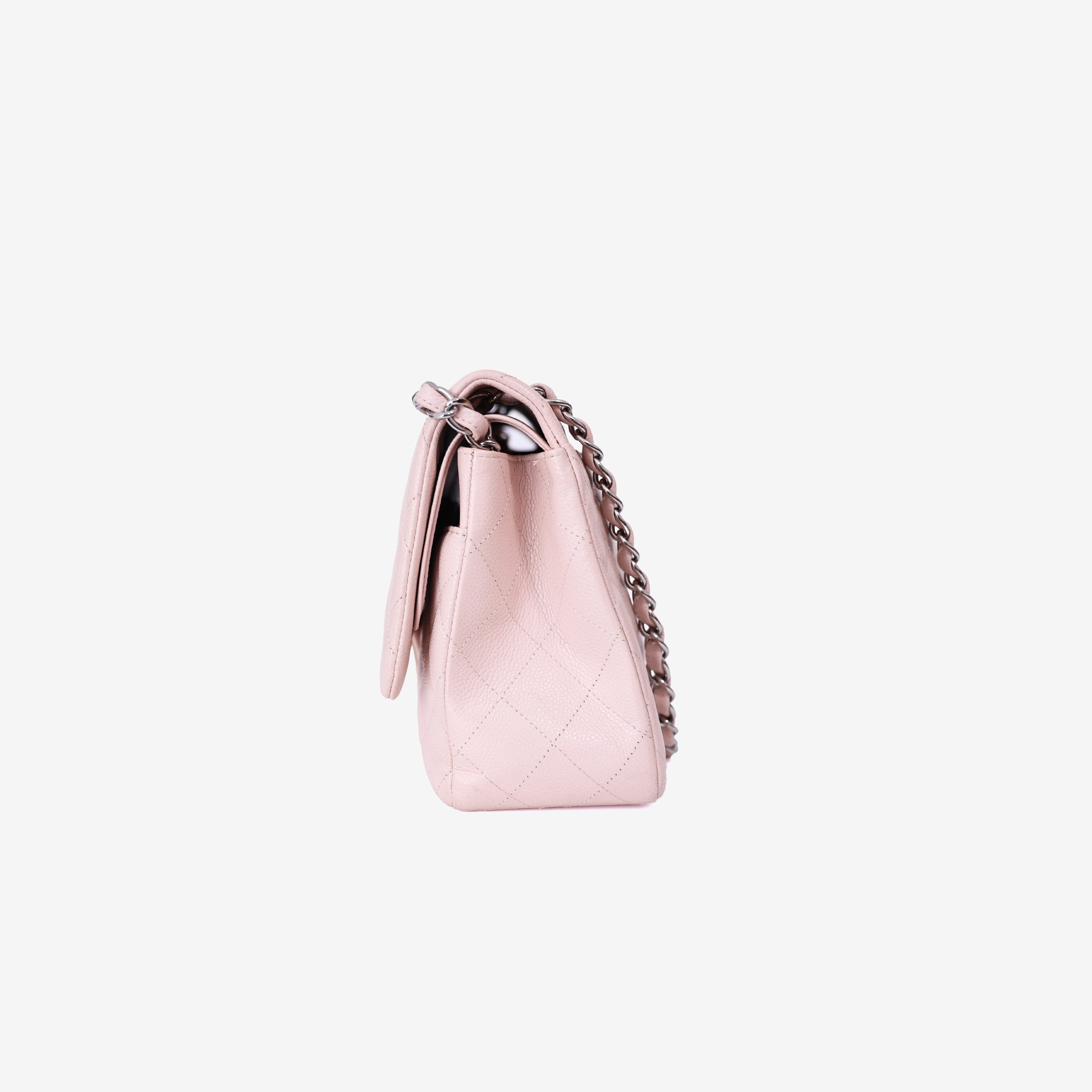 Chanel Classic Jumbo Flap Bag in Light Pink Grained Calfskin Leather with Silver Hardware side view