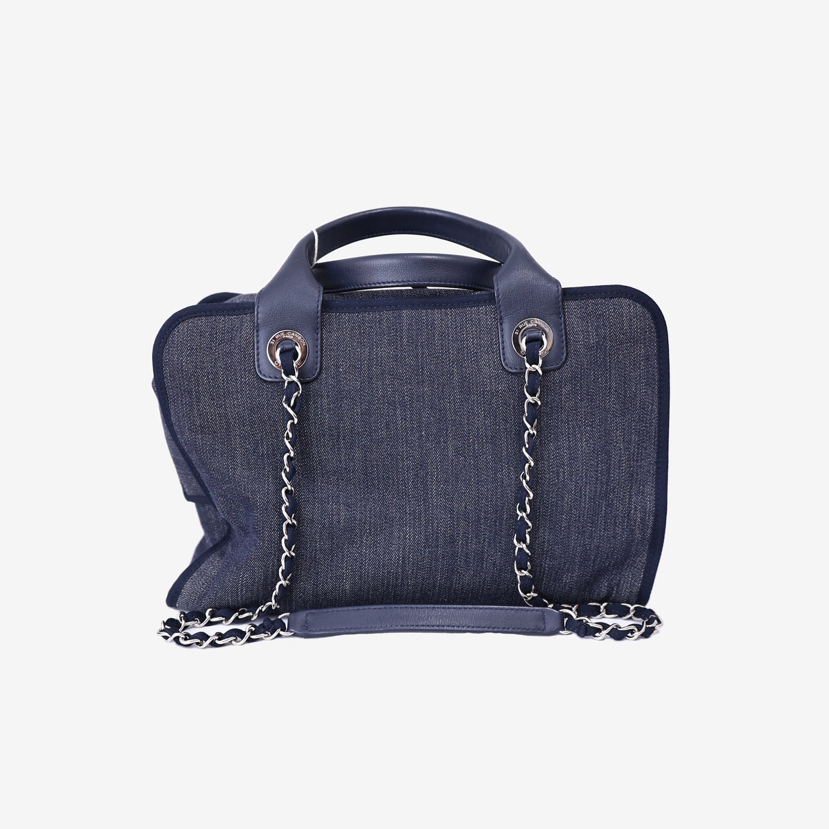 Chanel Large Bowling Bag in Blue Denim & Calfskin Leather with Silver Hardware back view