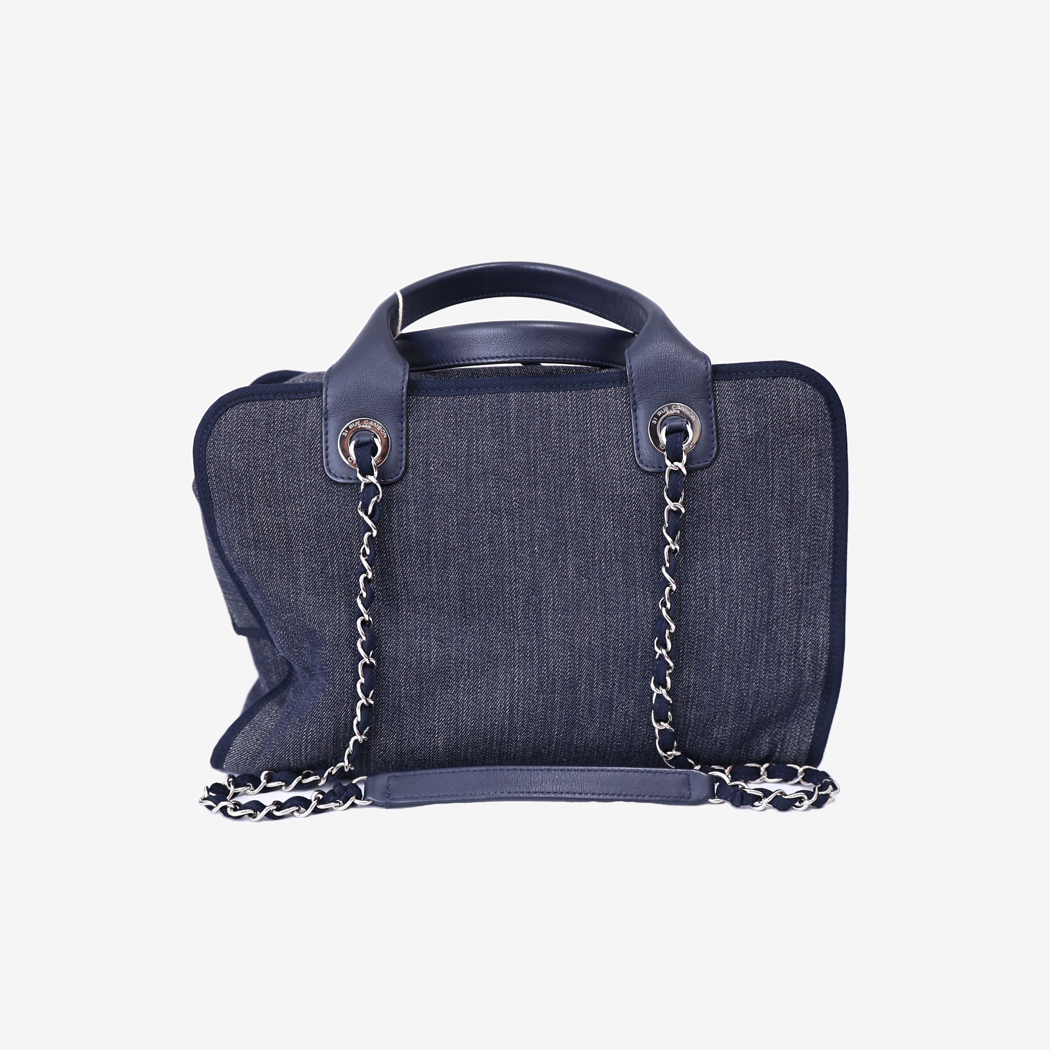 Chanel Large Bowling Bag in Blue Denim & Calfskin Leather with Silver Hardware back view