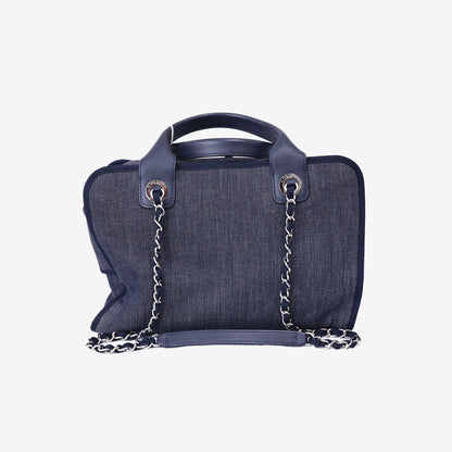 Chanel Large Bowling Bag in Blue Denim & Calfskin Leather with Silver Hardware back view