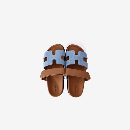 Hermès Chypre Sandals in Bleu Clair Denim and Naturel Veau Leather (Size 38)